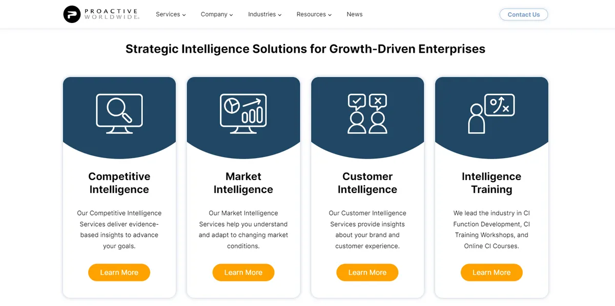 proactive worldwide website screenshot showing they provide competitive, market, and customer intelligence, plus intelligence training