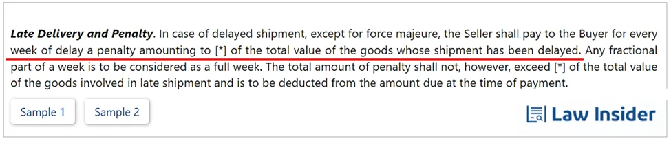 an excerpt from a supplier contract explaining penalties for late deliveries