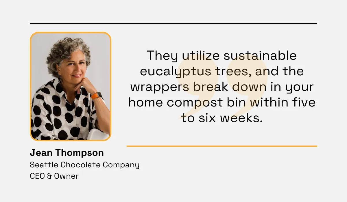a quote explaining how the seattle chocolate factory reduces plastic use