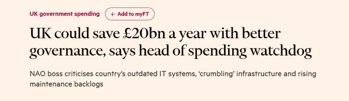 a screenshot of a news article stating that the audit conducted by Britain's National Audit Office revealed billions of pounds in potential savings through improved procurement practices