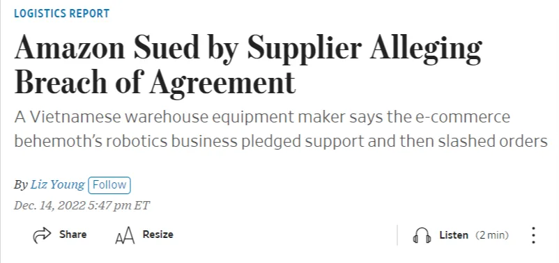 a screenshot of a news article about how amazon was sued by a supplier due to breach of contract