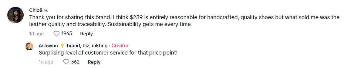 screenshot of a tiktok comment showing that consumers appreciate sustainability