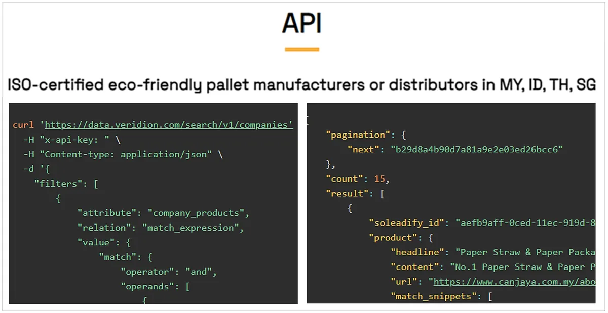 veridion complex search api screenshot