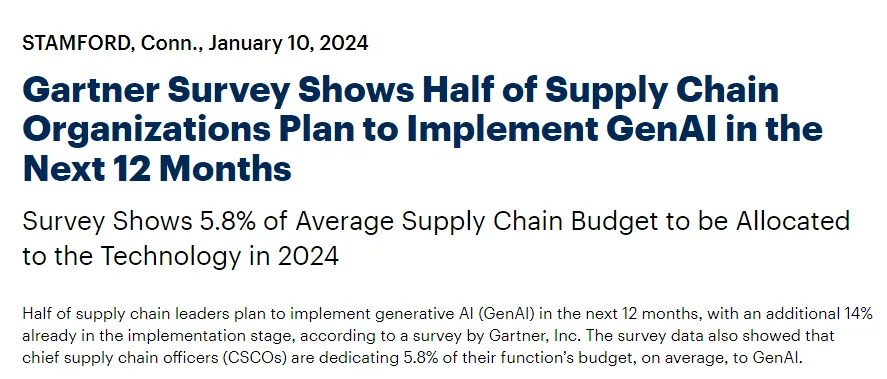screenshot of an article headline about gartner research into the implementation of generative ai in the supply chain