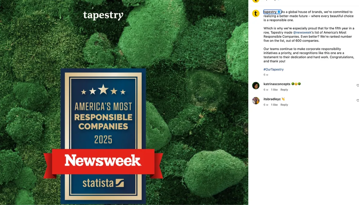 A Newsweek award graphic recognizing Tapestry as one of America’s Most Responsible Companies for 2025 social media post