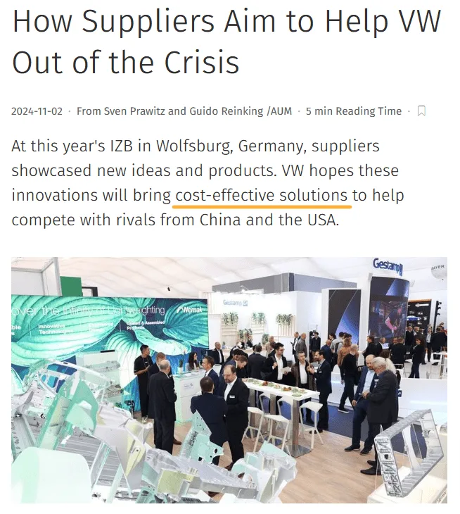 A news article about VW's efforts to collaborate with suppliers at the IZB fair in Wolfsburg