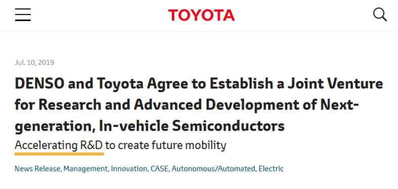 Toyota press release announcing a joint venture with DENSO for advanced research and development of next-generation in-vehicle semiconductors