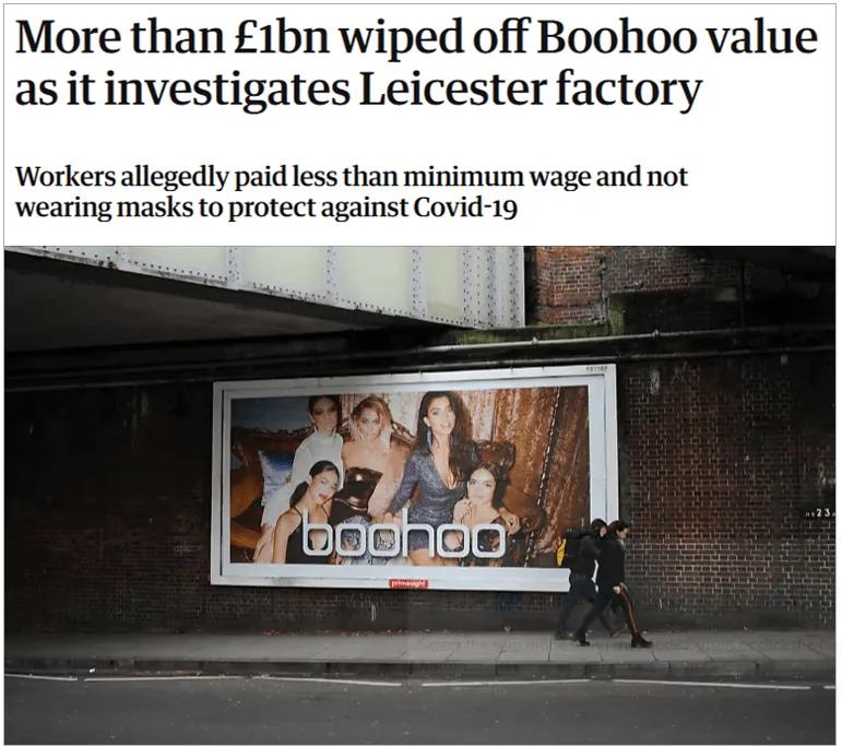 News article headline "More than £1bn wiped off Boohoo value as it investigates Leicester factory"