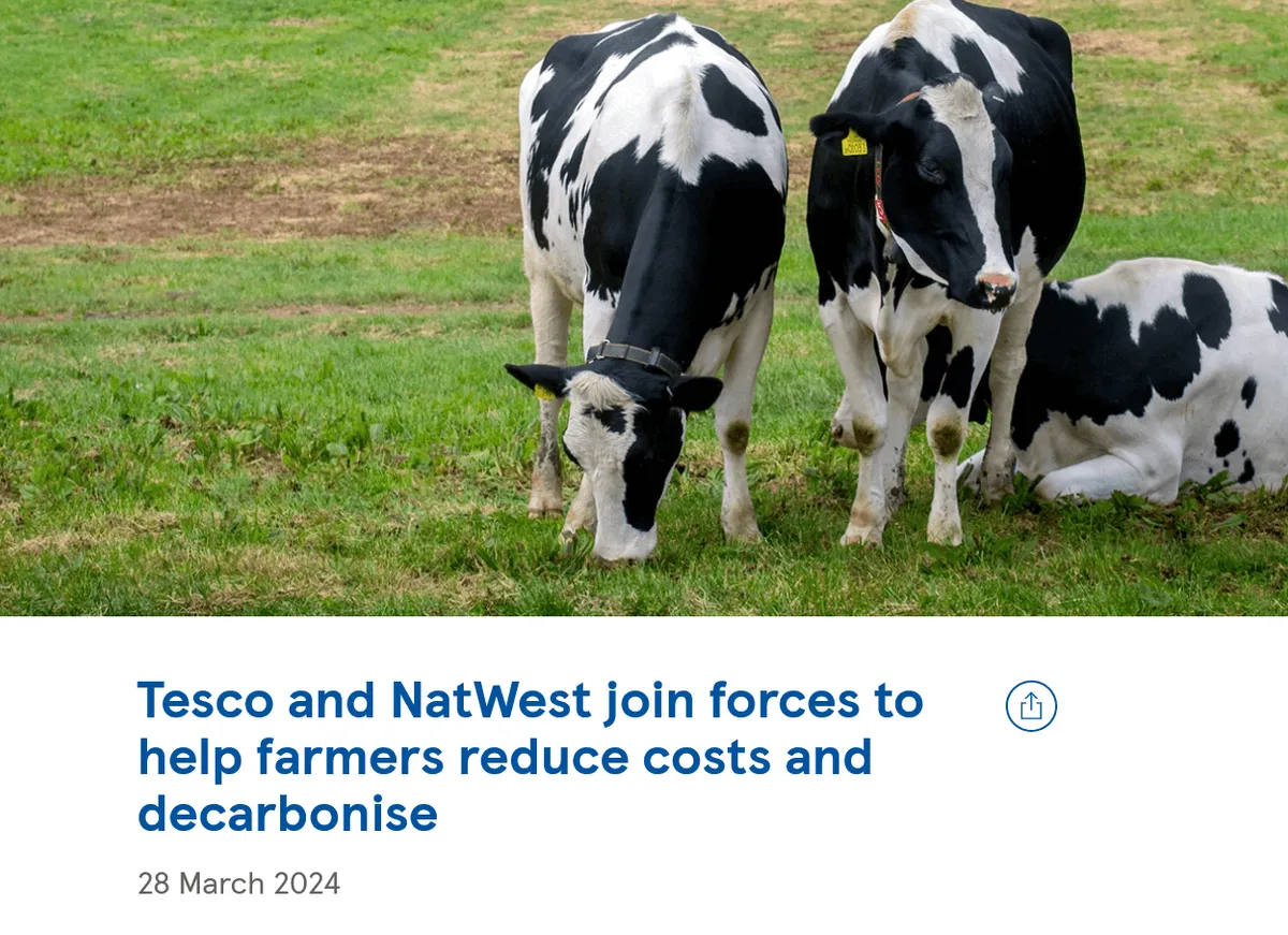 Article about Tesco and NatWest launching a sustainable finance initiative to support farmers