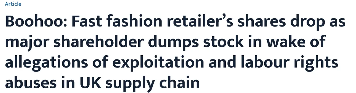 A news headline about Boohoo’s stock drop due to allegations of labor rights violations in the UK supply chain
