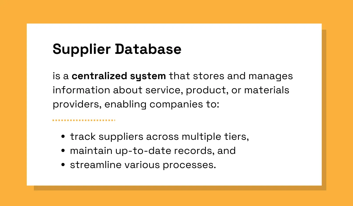Supplier database overview - a visual representation of a supplier database highlighting its centralized system, tracking, record maintenance, and process streamlining benefits