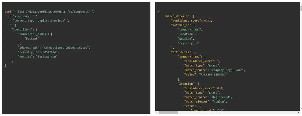 Side-by-side screenshots of JSON API request and response for company data matching