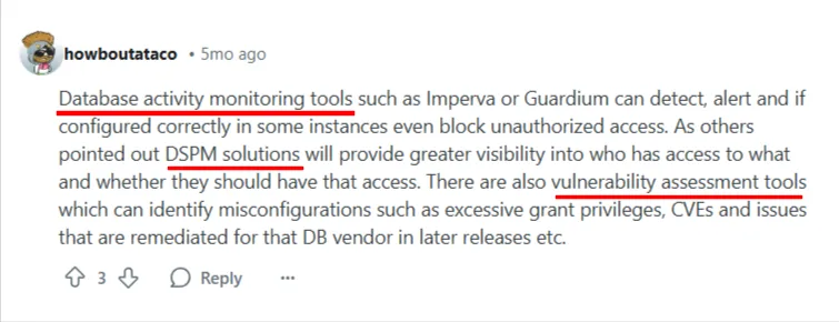 Reddit comment discussing database activity monitoring tools, DSPM solutions, and vulnerability assessment tools, with key terms underlined