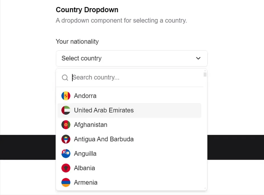 Screenshot of a country selection dropdown with a search option