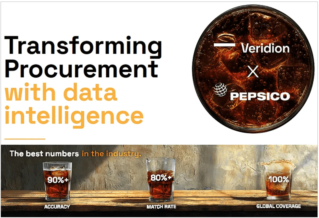 Visual showing a partnership between Veridion and PepsiCo with a glass of soda in the background