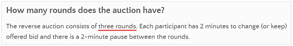 A text box answering the question "How many rounds does the auction have?" The explanation states that a reverse auction consists of three rounds