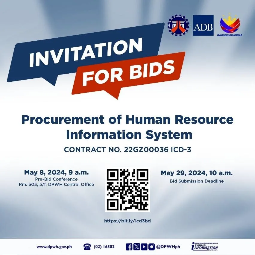 A procurement announcement for a "Human Resource Information System" contract, featuring bold text saying "Invitation for Bids"