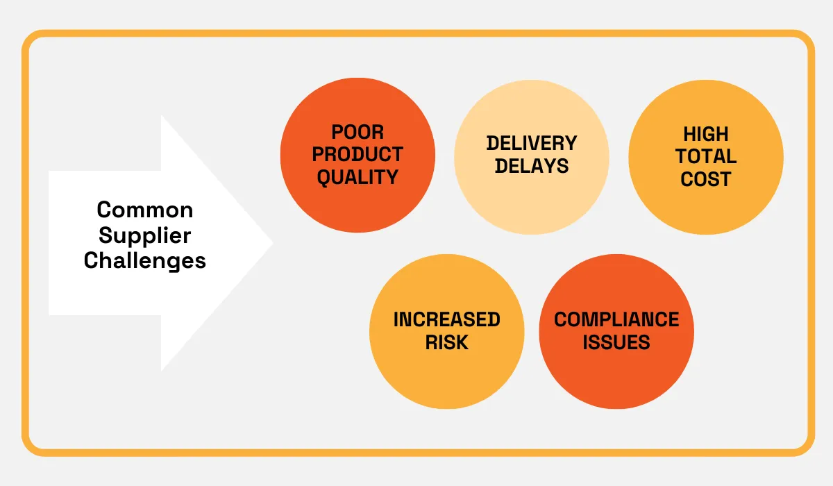 Infographic listing common supplier challenges: poor product quality, delivery delays, high total cost, increased risk, and compliance issues