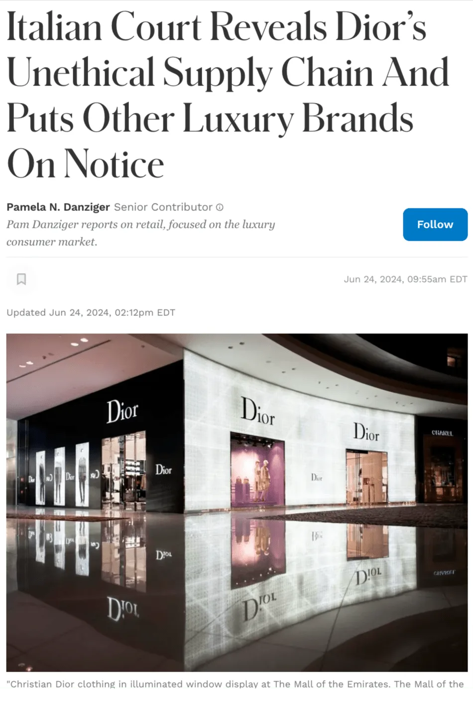 Headline about Italian court revealing Dior's unethical supply chain, with image of Dior storefront at The Mall of the Emirates