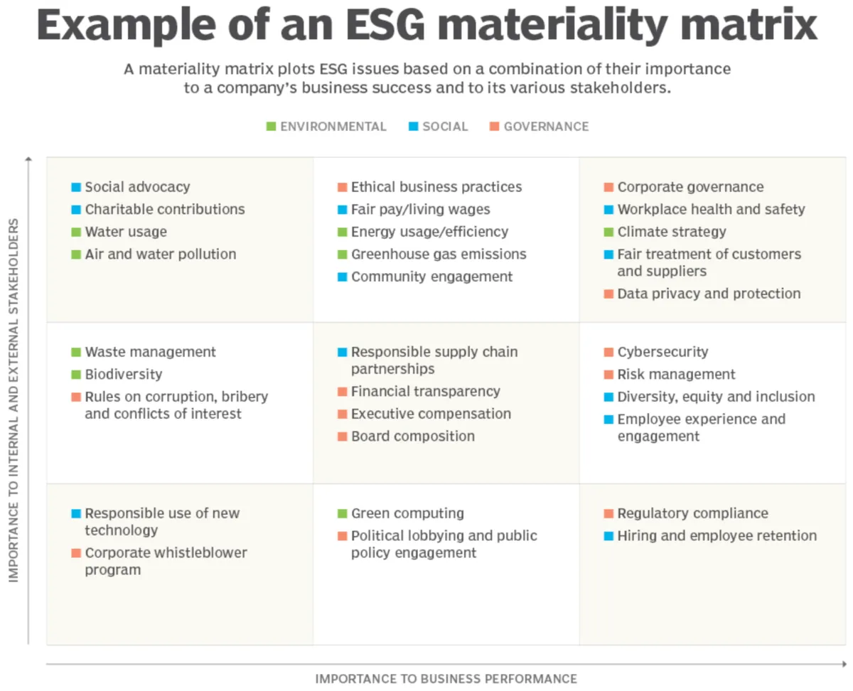 Example of an ESG materiality matrix showing environmental, social, and governance topics mapped by stakeholder and business importance