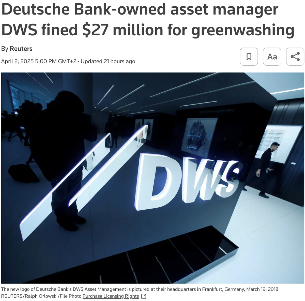 Headline announcing Deutsche Bank's DWS fined $27 million for greenwashing, with image of DWS office logo in Frankfurt