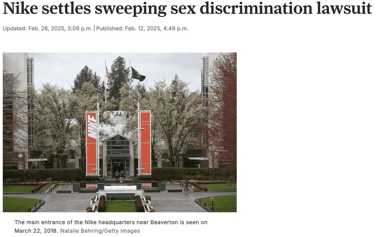 Headline about Nike settling a sweeping sex discrimination lawsuit, with image of the company's headquarters in Beaverton