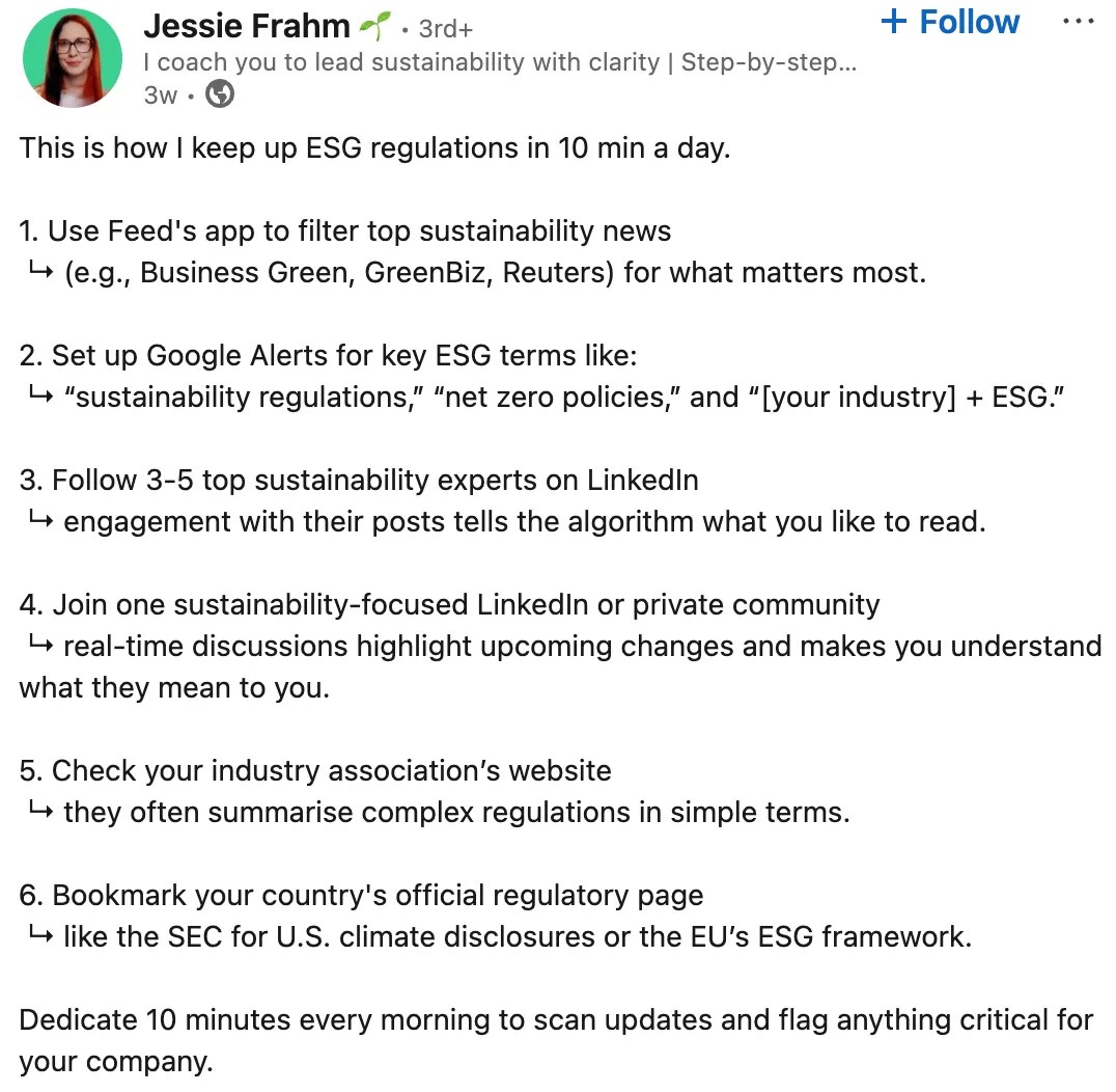 LinkedIn post by Jessie Frahm sharing six tips on how to keep up with ESG regulations in just 10 minutes a day