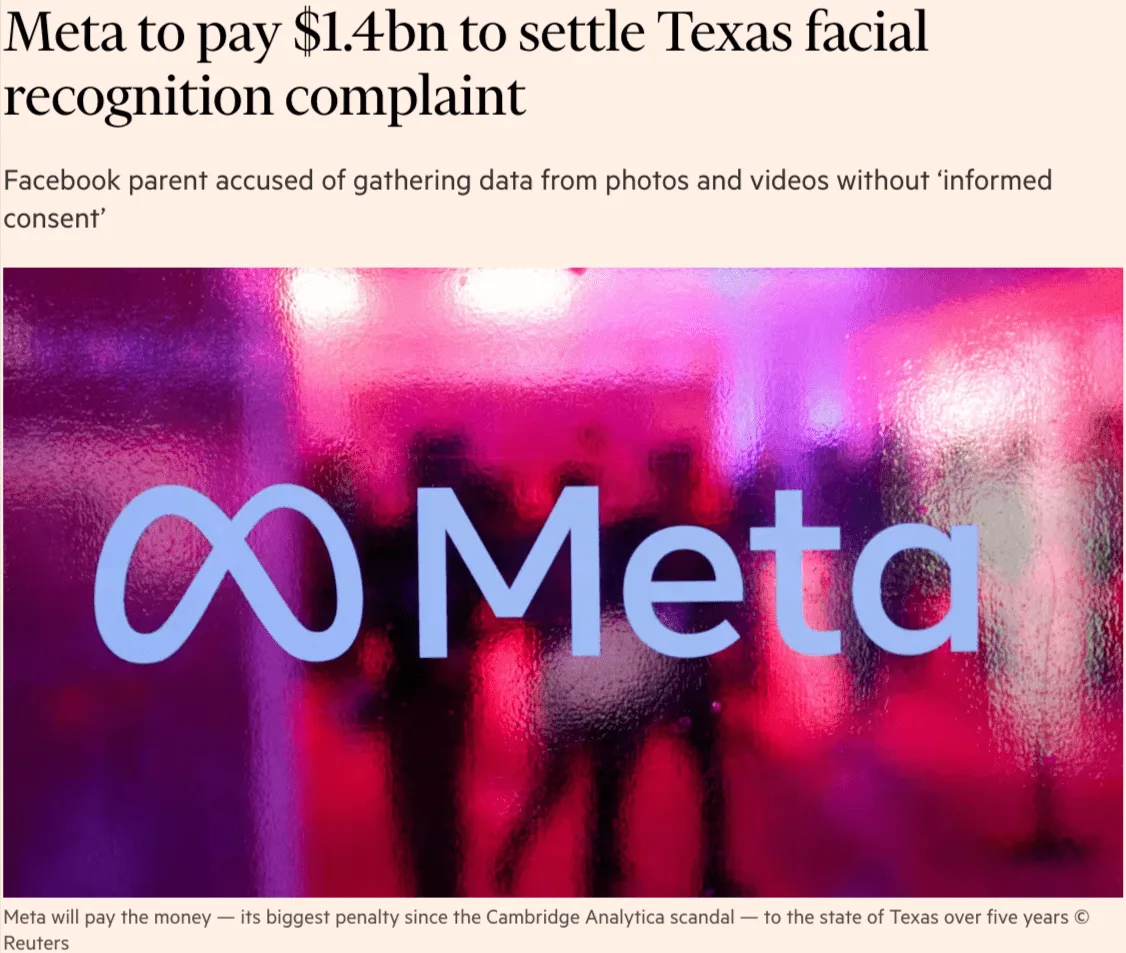 Headline stating Meta to pay $1.4 billion to settle Texas facial recognition complaint, with Meta logo on a reflective wall