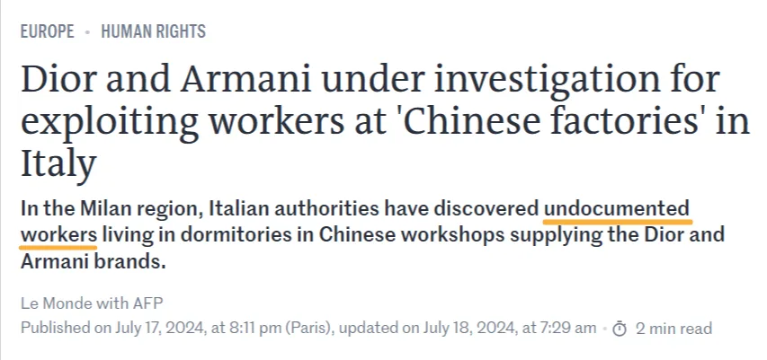 News headline stating Dior and Armani are under investigation for exploiting undocumented workers in Chinese-run factories in Italy