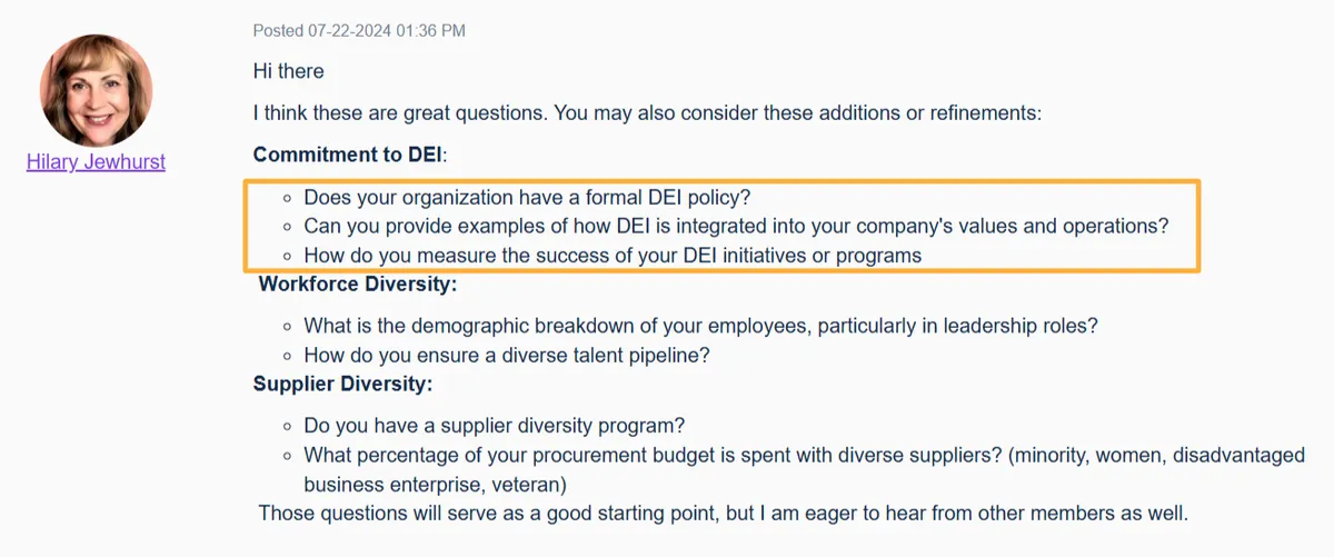 Forum post listing questions about DEI policy, integration into company values, and measurement of DEI program success