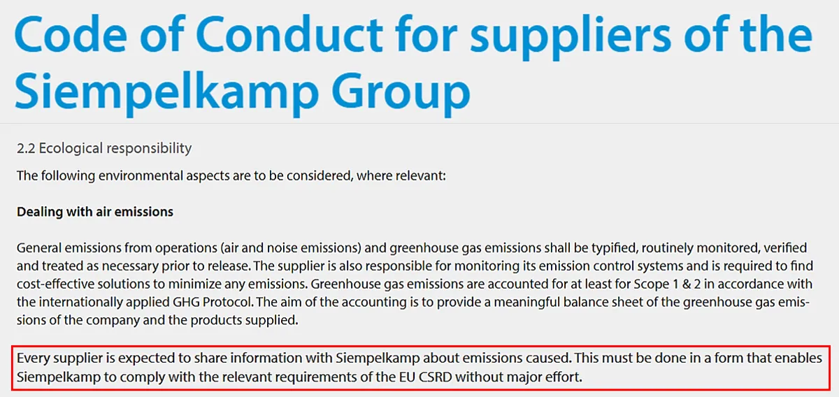 Excerpt from Siempelkamp Group’s code of conduct stating suppliers must report emissions data in a way that supports EU CSRD compliance