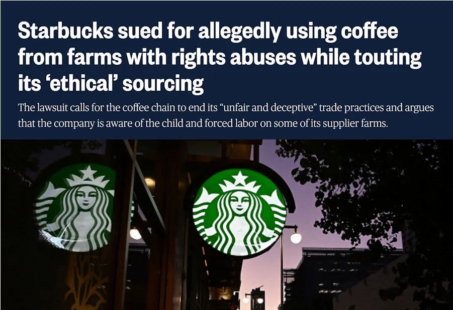 News article headline "Starbucks sued for allegedly using coffee from farms with rights abuses while touting its ‘ethical’ sourcing"