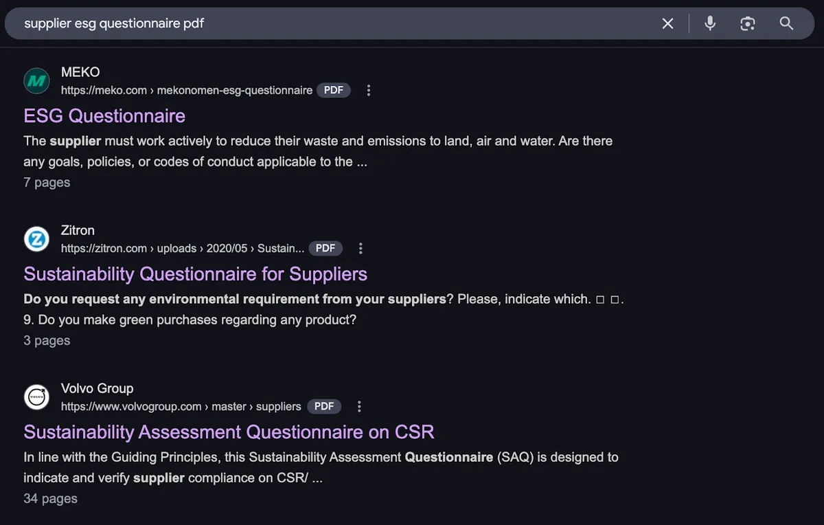Google search for "supplier esg questionnaire pdf" showing three PDF results from MEKO, Zitron, and Volvo Group