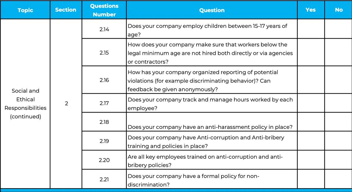 ESG questionnaire table with social and ethical responsibility questions, including topics like child labor, anti-corruption, and non-discrimination