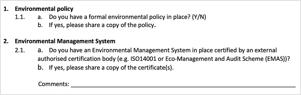 Environmental policy section of a questionnaire asking about formal environmental policies and certified management systems