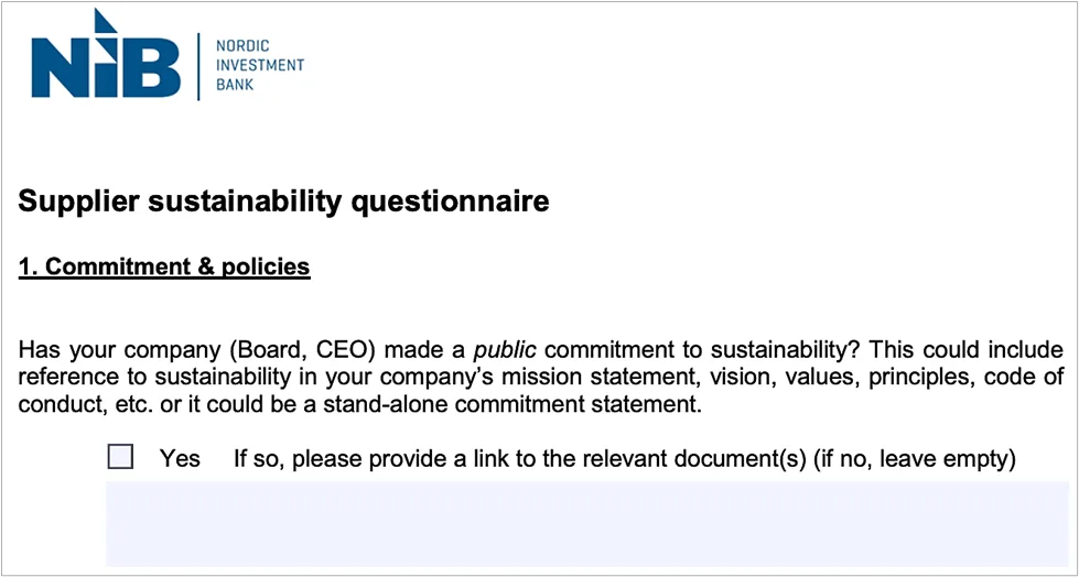 Nordic Investment Bank supplier sustainability questionnaire asking about public commitment to sustainability