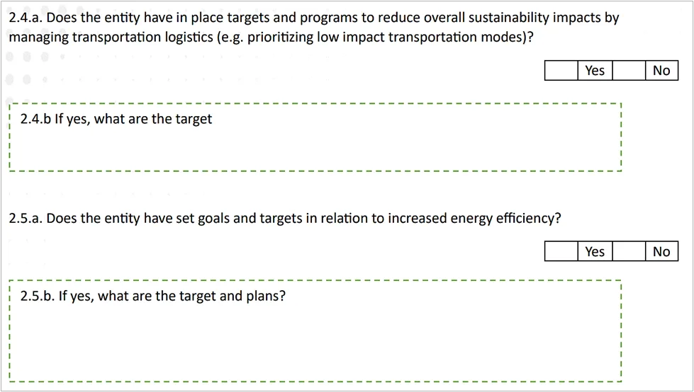 Sustainability questionnaire asking if the entity has transportation and energy efficiency targets and plans