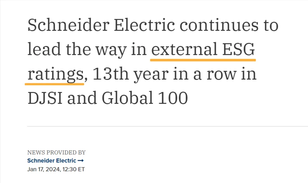 News article headline "Schneider Electric continues to lead the way in external ESG ratings, 13th year in a row in DJSI and Global 100"