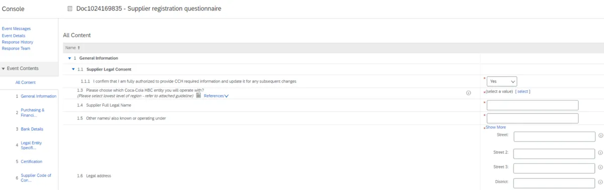 Screenshot of a supplier registration questionnaire form