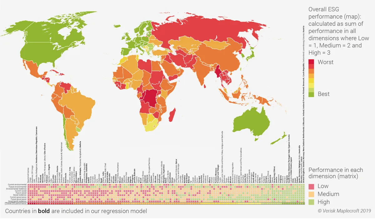 Global heat map showing ESG performance by country