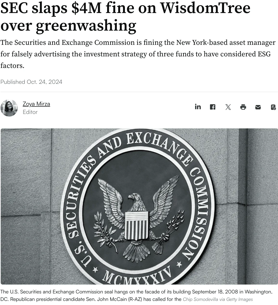 News article headline "SEC slaps $4M fine on WisdomTree over greenwashing"
