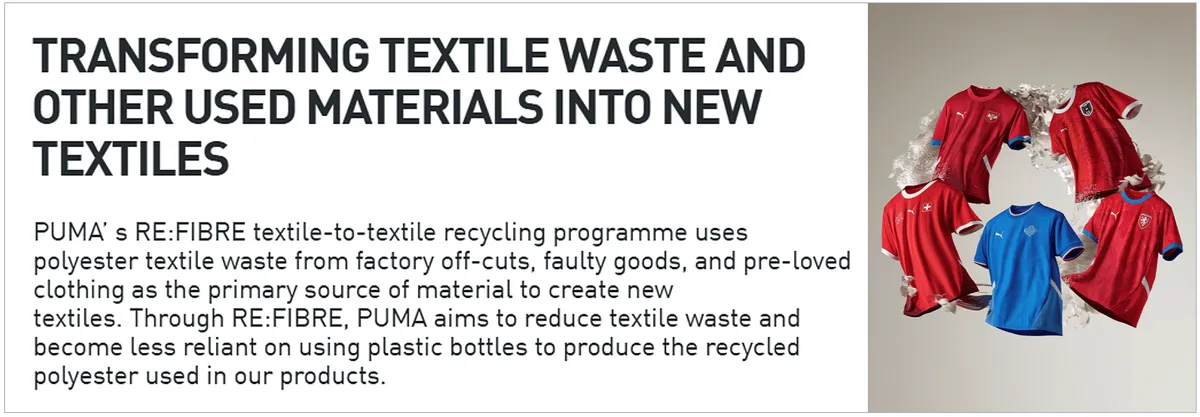 PUMA’s RE:FIBRE program transforming textile waste into new textiles, using factory off-cuts and pre-loved clothing as material for new sportswear