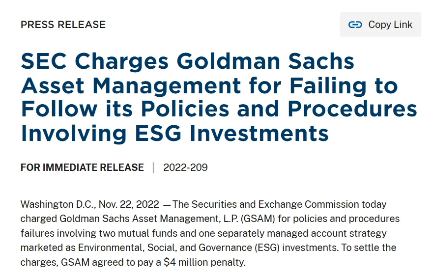 SEC press release headline stating that Goldman Sachs Asset Management was charged for failing to follow ESG investment policies and procedures