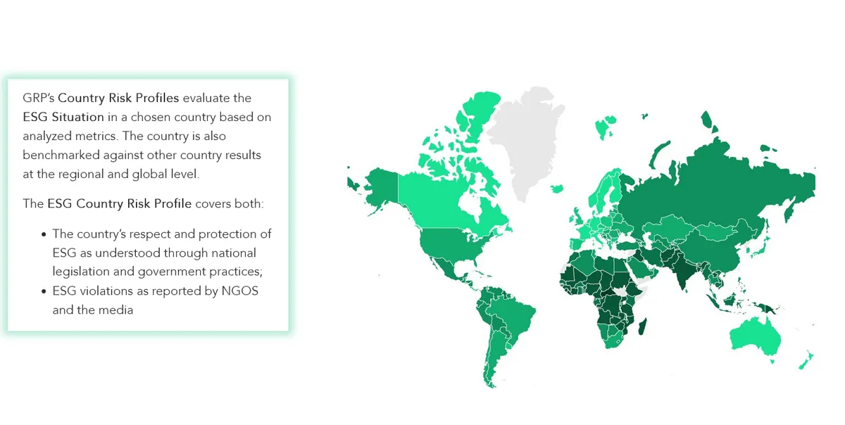 World map with varying shades of green indicating ESG Country Risk Profiles by nation, with a description of evaluation criteria