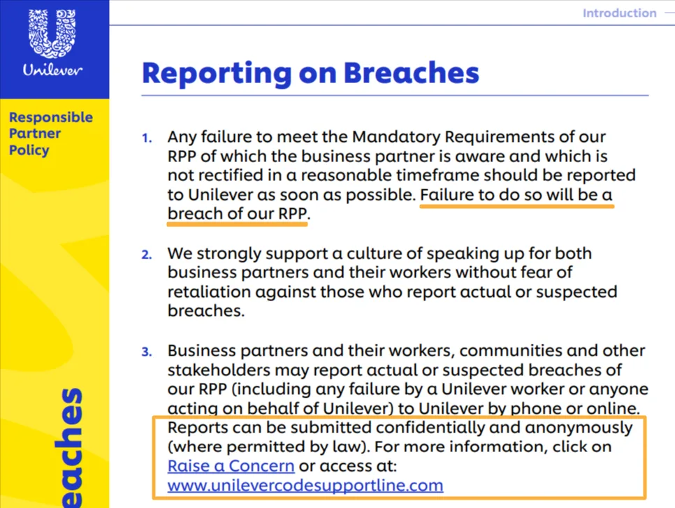 Unilever Responsible Partner Policy excerpt on reporting breaches, emphasizing mandatory reporting and anonymous submission options