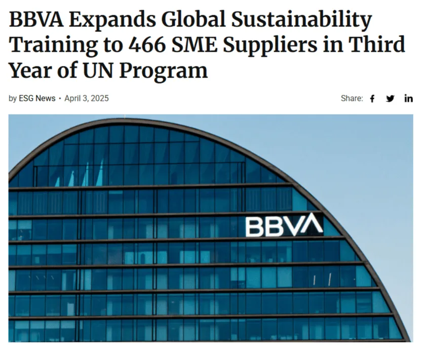 News article headline "BBVA Expands Global Sustainability Training to 466 SME Suppliers in Third Year of UN Program"