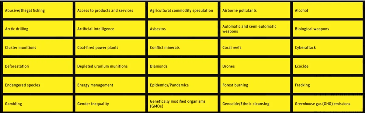 Grid of yellow boxes listing ESG risk topics such as illegal fishing, deforestation, GMOs, gender inequality, and artificial intelligence