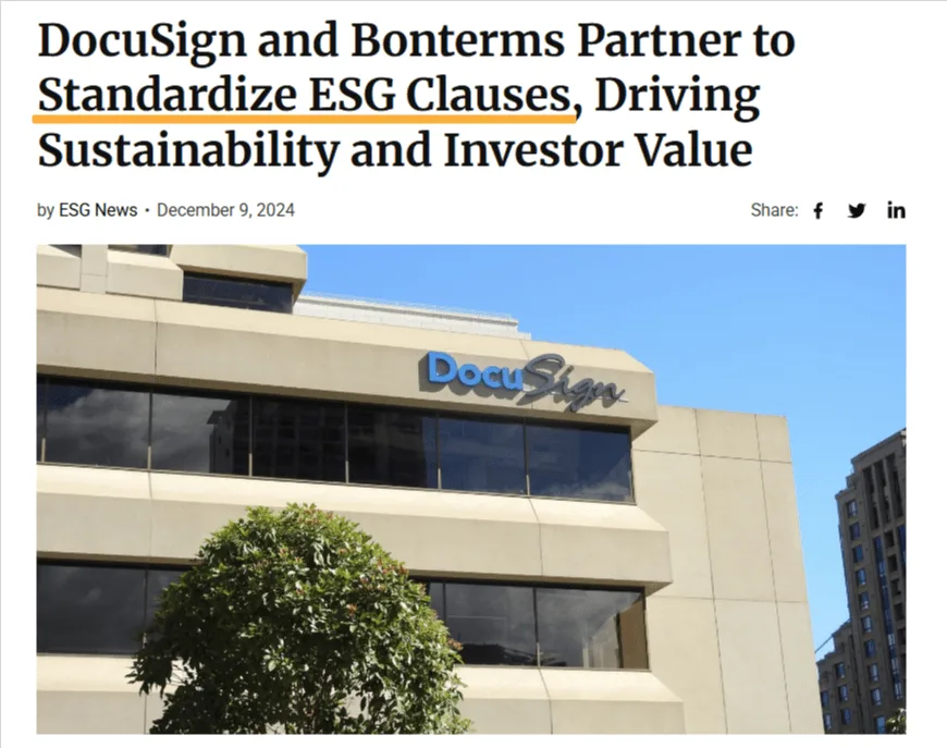 News article headline "DocuSign and Bonterms Partner to Standardize ESG Clauses, Driving Sustainability and Investor Value"