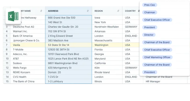 Image of an Excel-style spreadsheet showing company names, addresses, and roles with a dropdown menu of executive titles