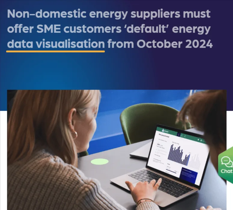 two people looking at energy data visualisation on a laptop screen, with a headline about new UK energy regulations starting in October 2024